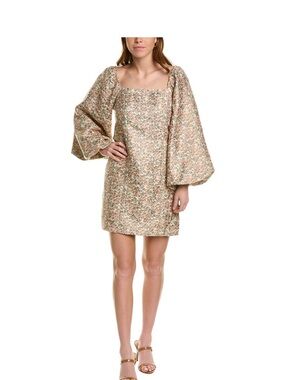 Traffic People Long Sleeve Dress in Pink and Green with Metallic Accents